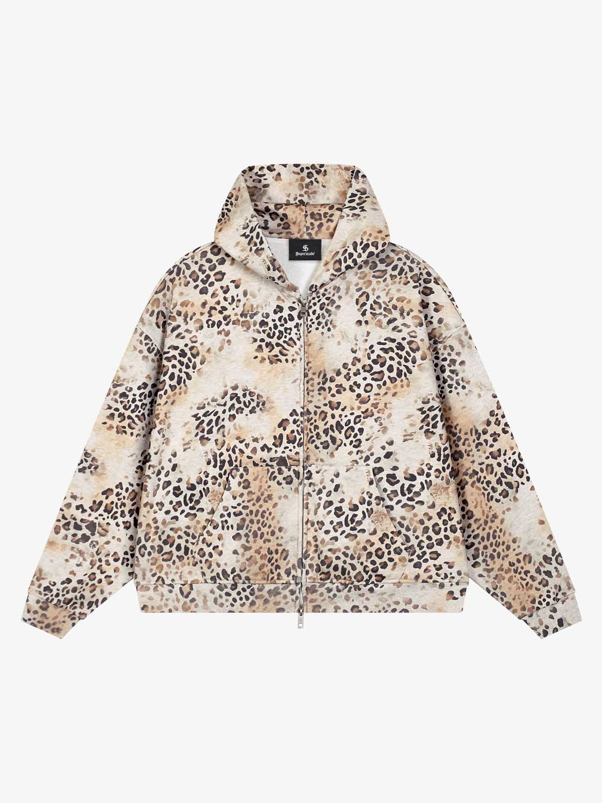 Gradient Leopard Distressed Zip Hoodie