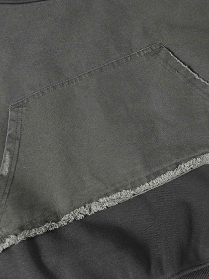 Distressed Patchwork Raw-Edge Layered-Hem Fleece Hoodie 