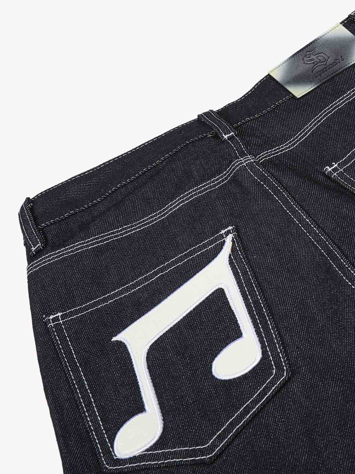 Musical Note Embroidery Raw Denim Jeans