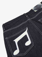 Musical Note Embroidery Raw Denim Jeans