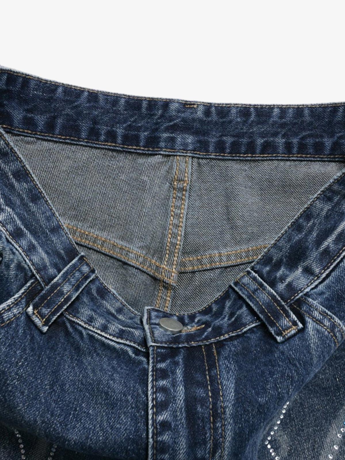 Butterfly Rhinestone Whiskered Curved-Leg Jeans