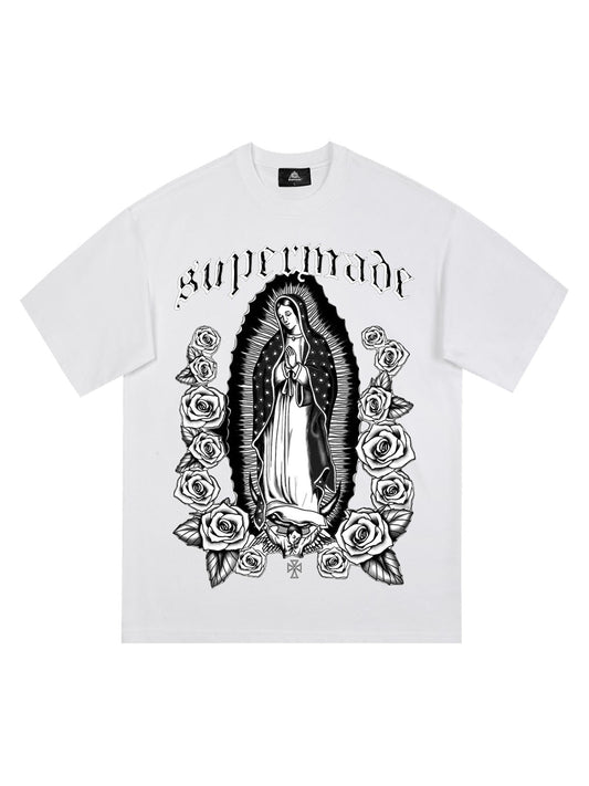 Original Retro Gothic Virgin Mary Floral Print T-Shirt 