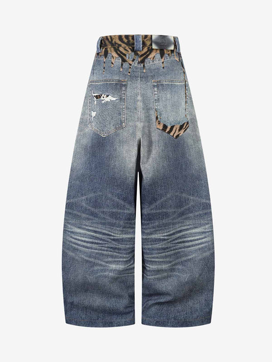 Leopard Ripped 3D Print Baggy Barrel Jeans