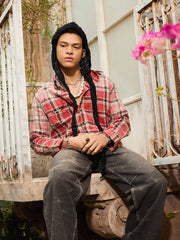 Paint Splatter Plaid Frayed Hem Button Up Shirt 