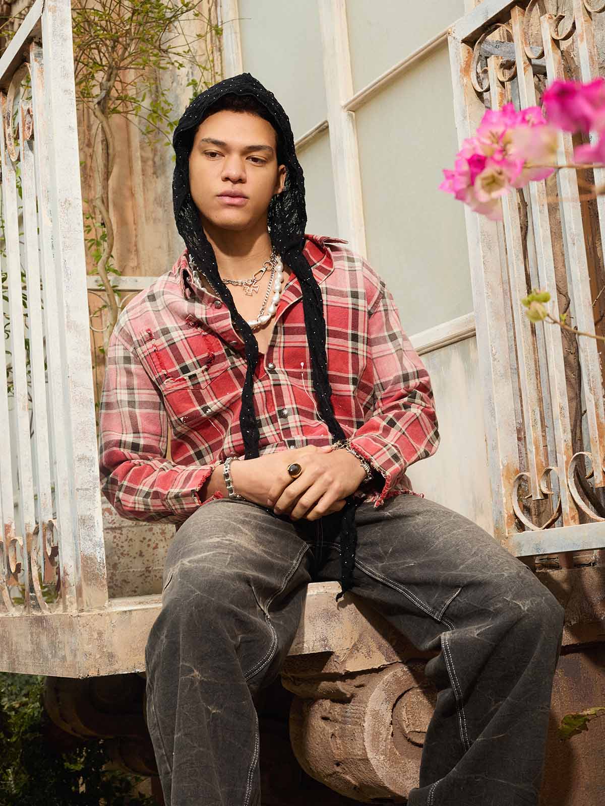 Cotton Plaid Shirt with Paint Splatter Design, Distressed Hem and Pockets, Casual Men's Long Sleeve Button-Up Jacket 