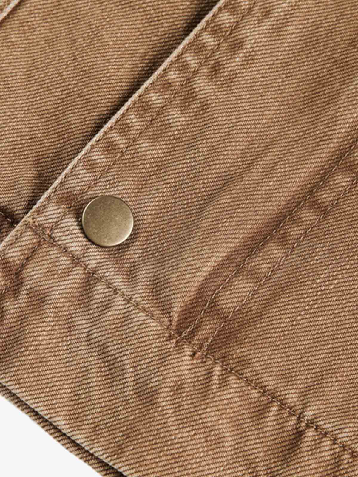 Leather Contrast Fold-Over Collar Multi Pocket Jacket