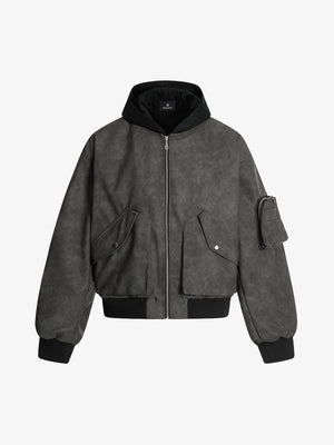 Patchwork Faux Leather Hooded Two-Piece Jacket 