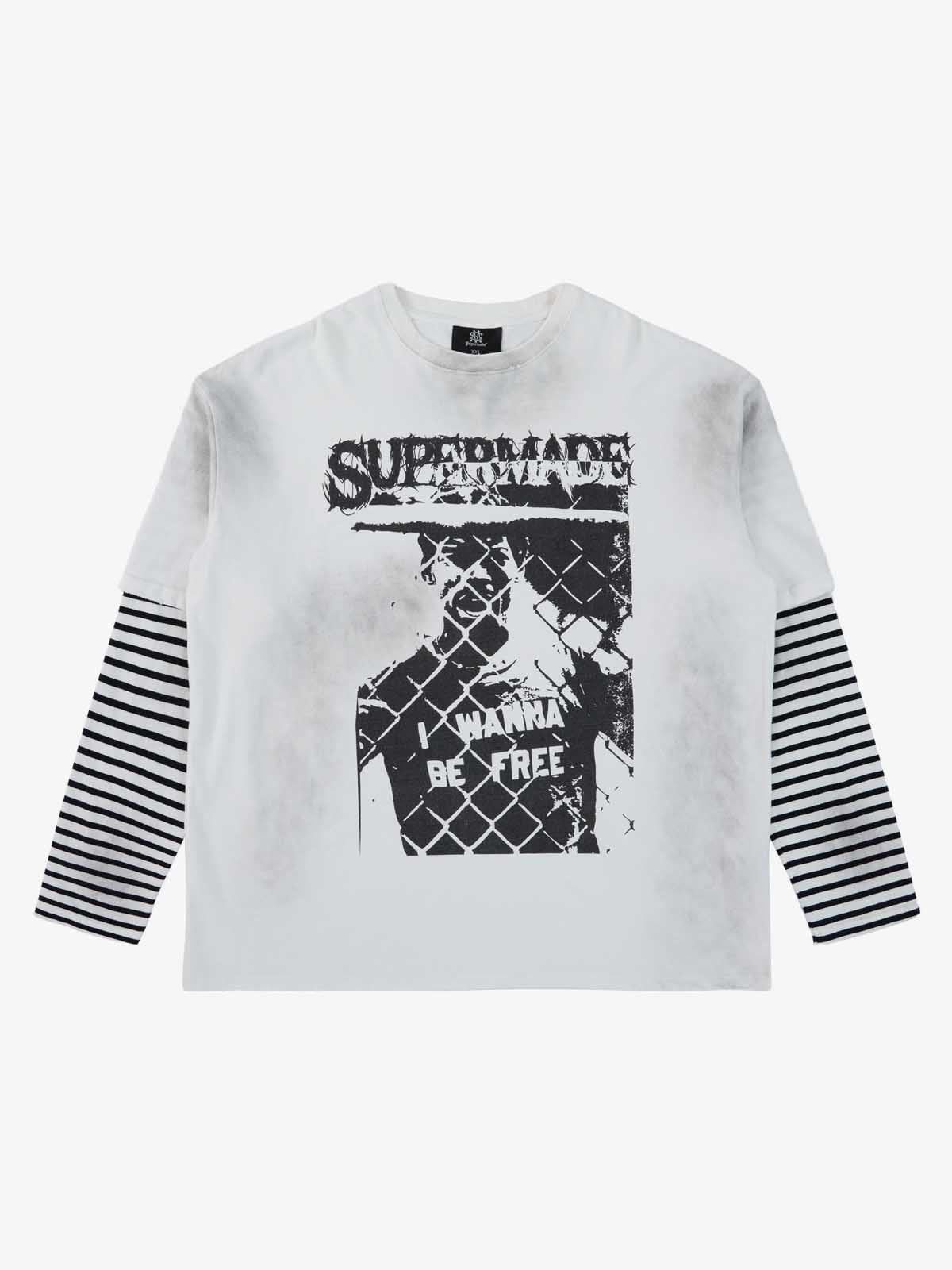 Supermade Distressed Cage Striped Long-Sleeve T-Shirt 