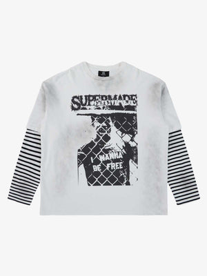 Supermade Distressed Cage Striped Long-Sleeve T-Shirt 