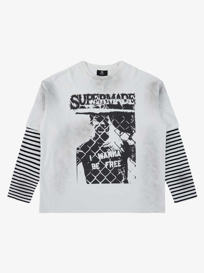 Supermade Distressed Cage Striped Long-Sleeve T-Shirt 
