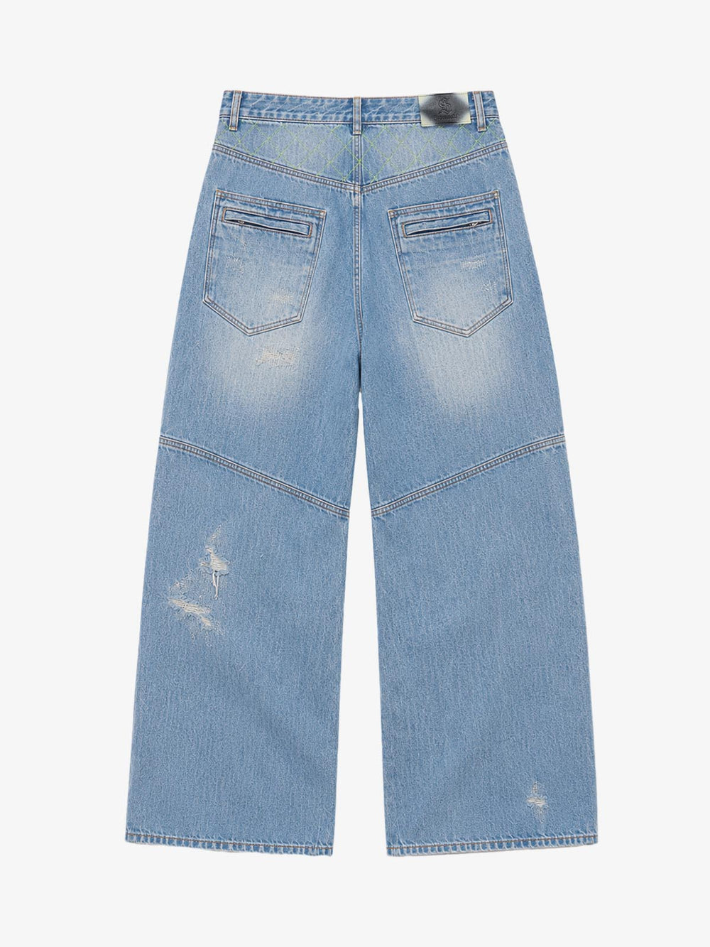 Double-Zip Paneled Distressed Bootcut Jeans