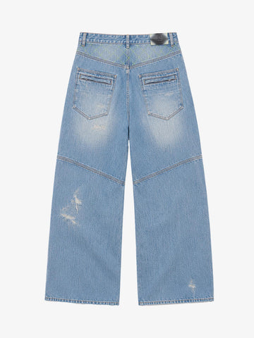 Double-Zip Paneled Distressed Bootcut Jeans