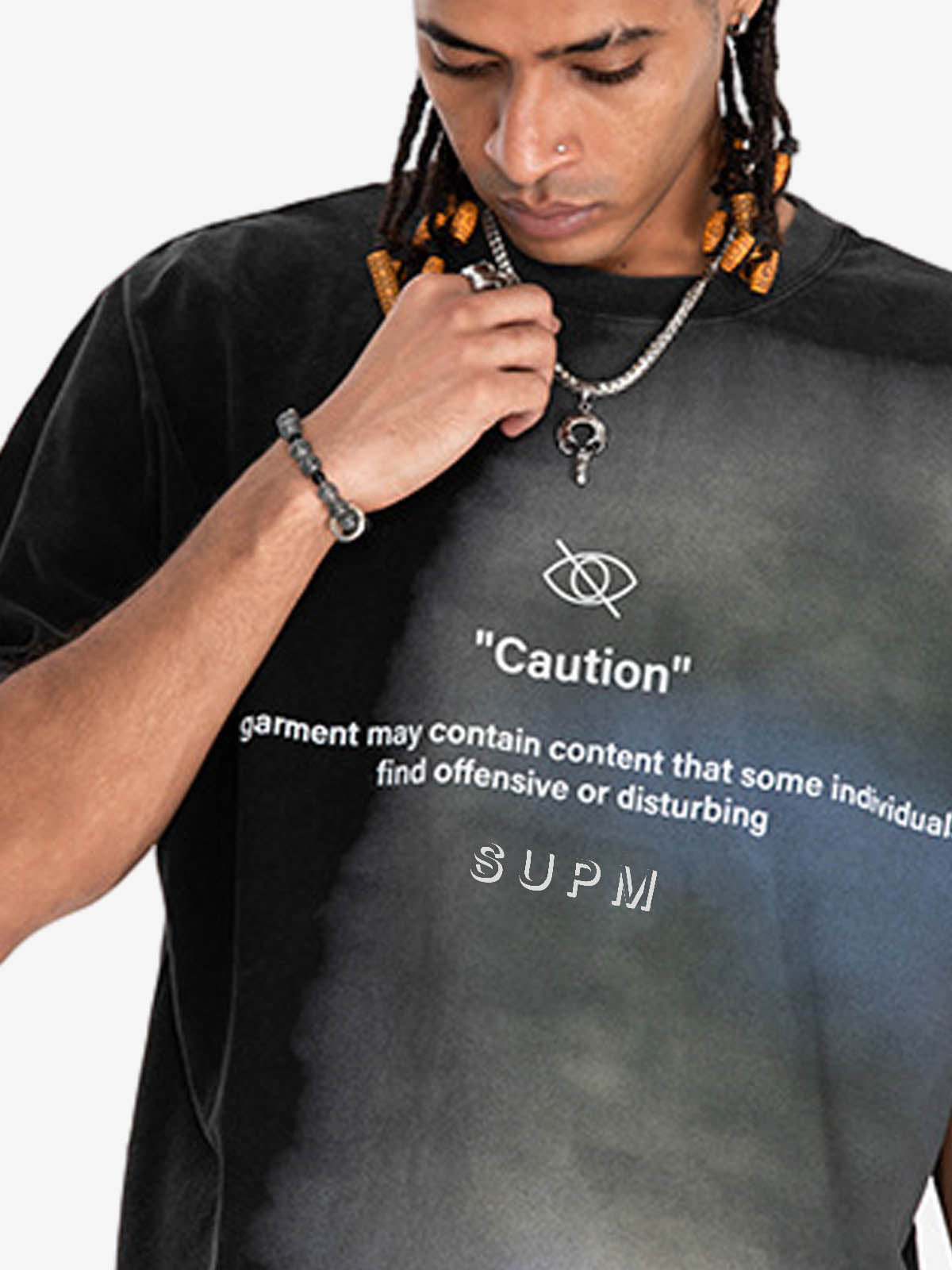 300G Cotton Jade Pattern Dyed T-Shirt with Caution Print Oversized Streetwear Tee 