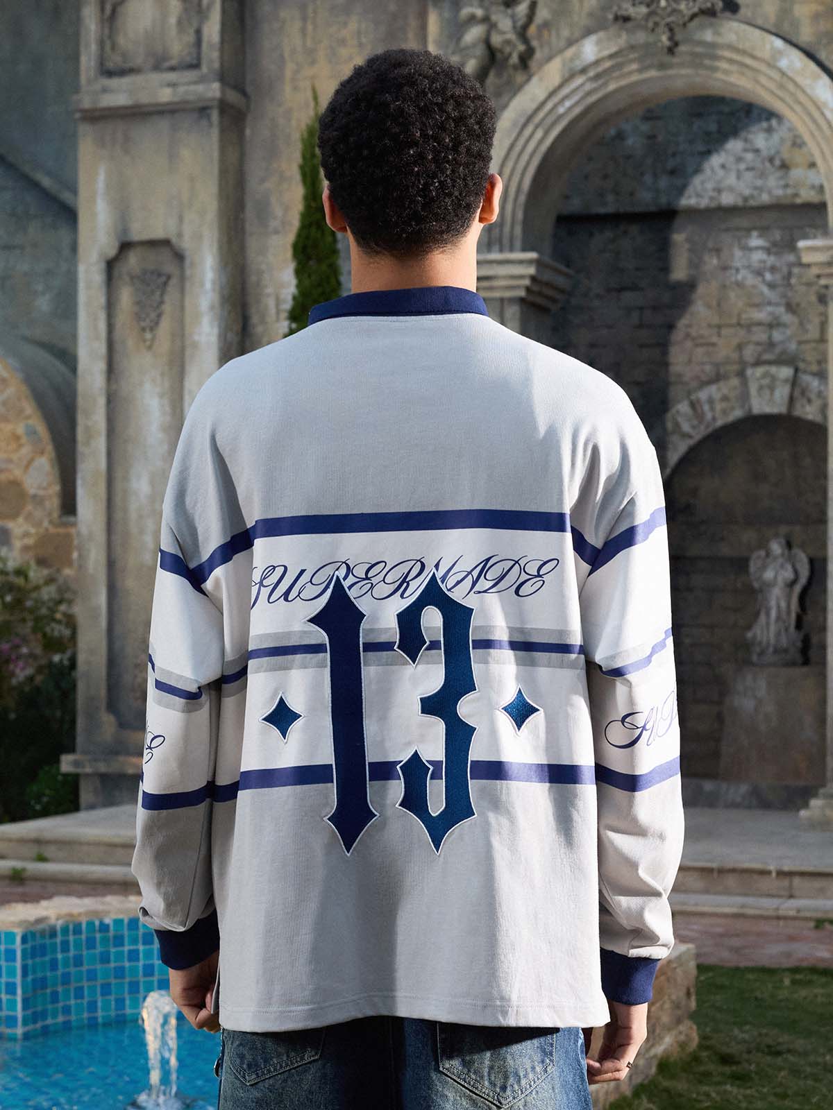Supermade Color-Blocked Polo Collar Embroidered Print Long-Sleeved Jersey 