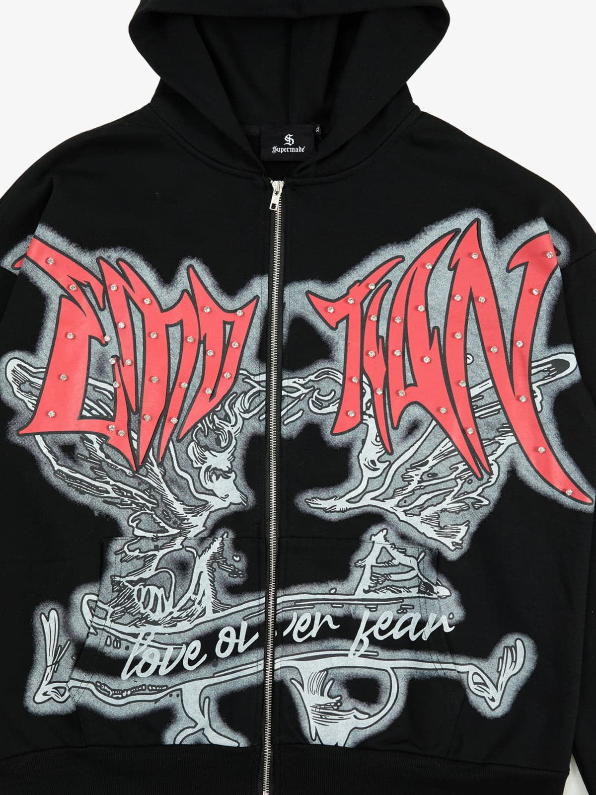 Retro Gothic Print Rhinestone Zip-Up Hoodie 