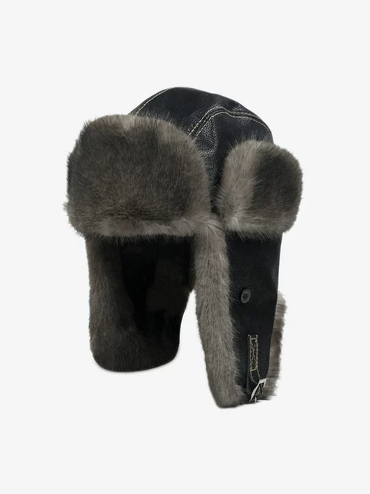Vintage Distressed Leather Plush Trapper Hat 