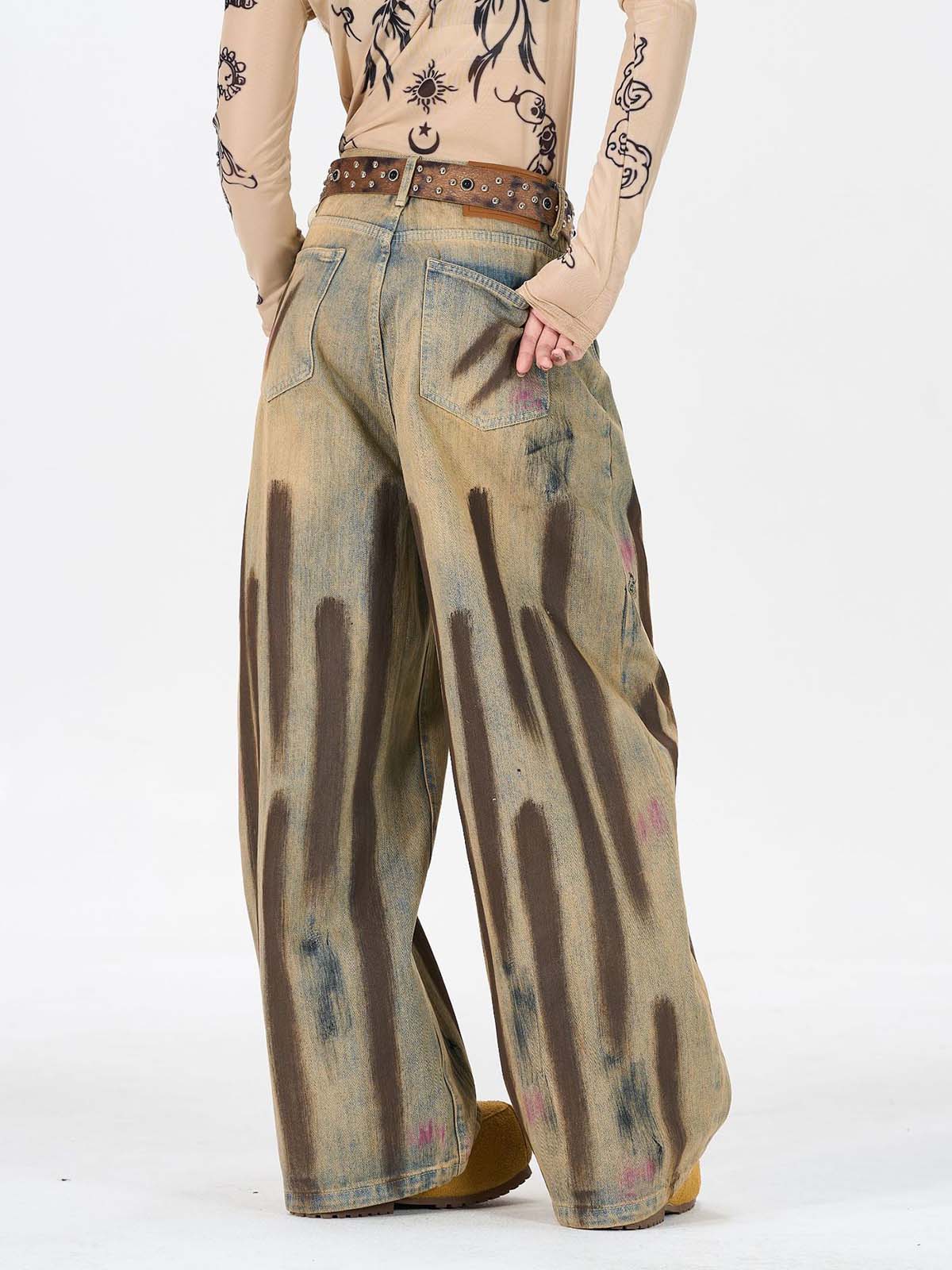 Retro Washed Brushstroke Wide-Leg Jeans 