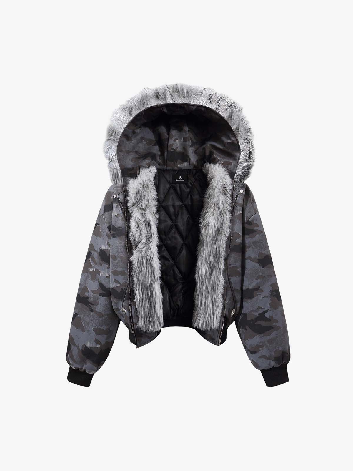 Camoflage Faux Fur Collar Zip Design Bomber Jacket 