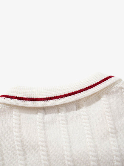 Retro Contrast Trim Ribbed Knit Polo Sweater 
