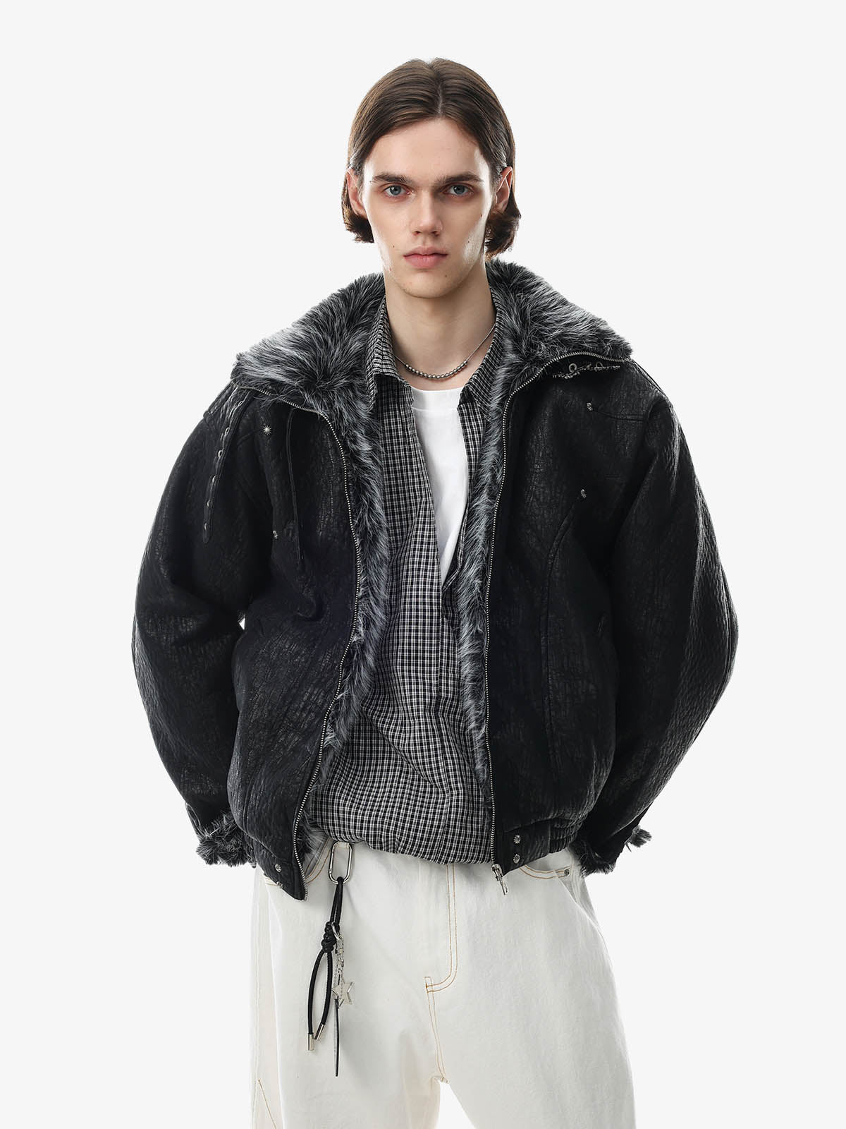 Deconstructed Faux-Fur Trim Stand-Collar PU Leather Coat