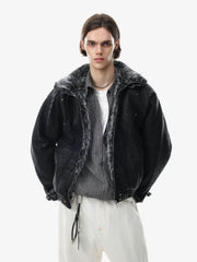 Deconstructed Faux-Fur Trim Stand-Collar PU Leather Coat