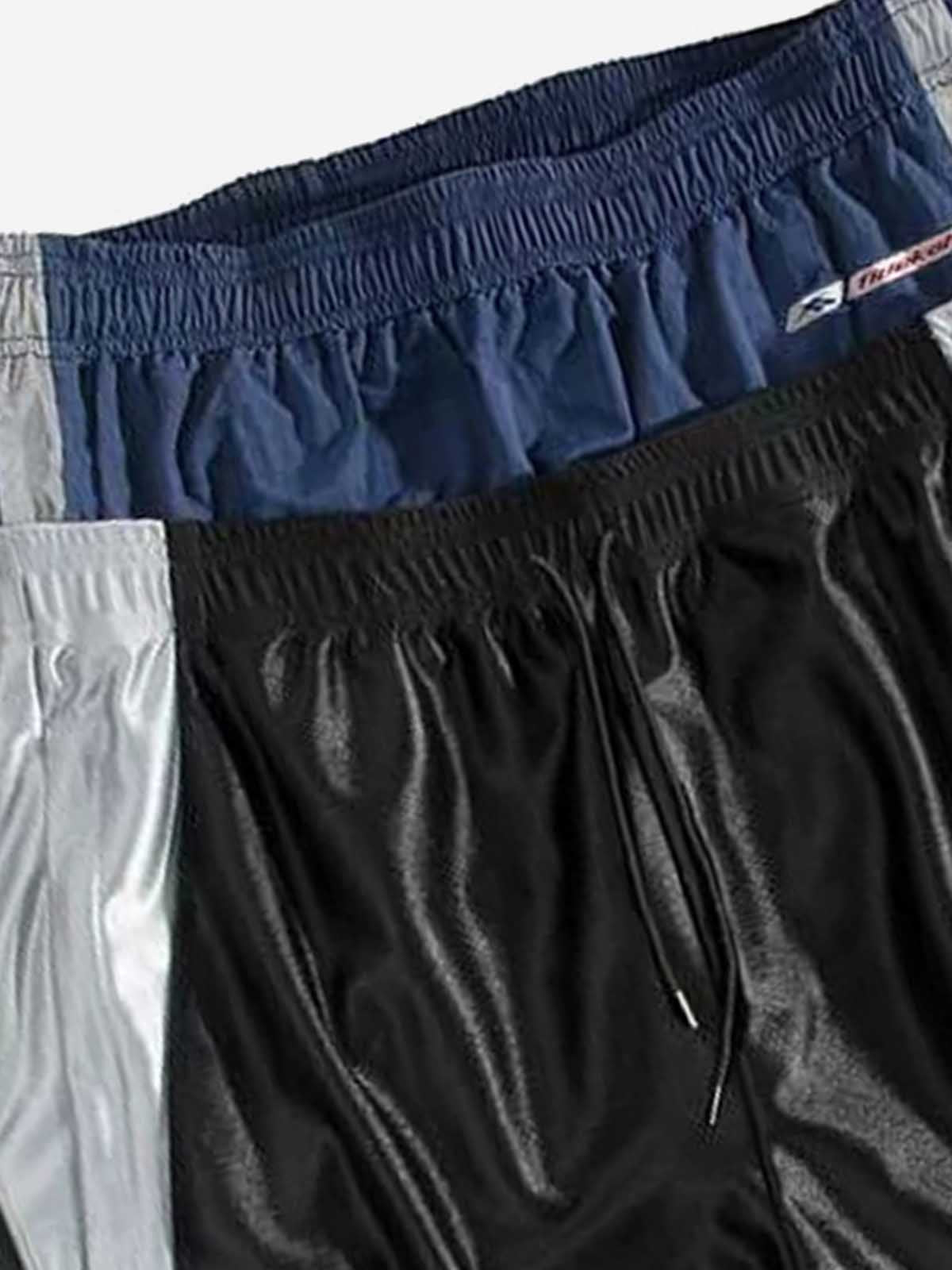 Glossy Silver-Grey Patchwork Double-Waist Track Pants
