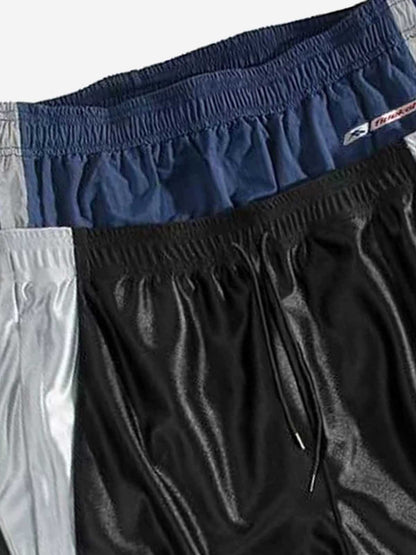 Glossy Silver-Grey Patchwork Double-Waist Track Pants