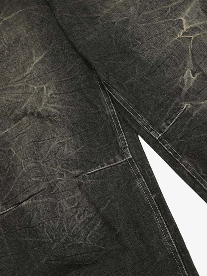 Washed Black Denim Wide Leg Jeans with Distressed Texture for Men 