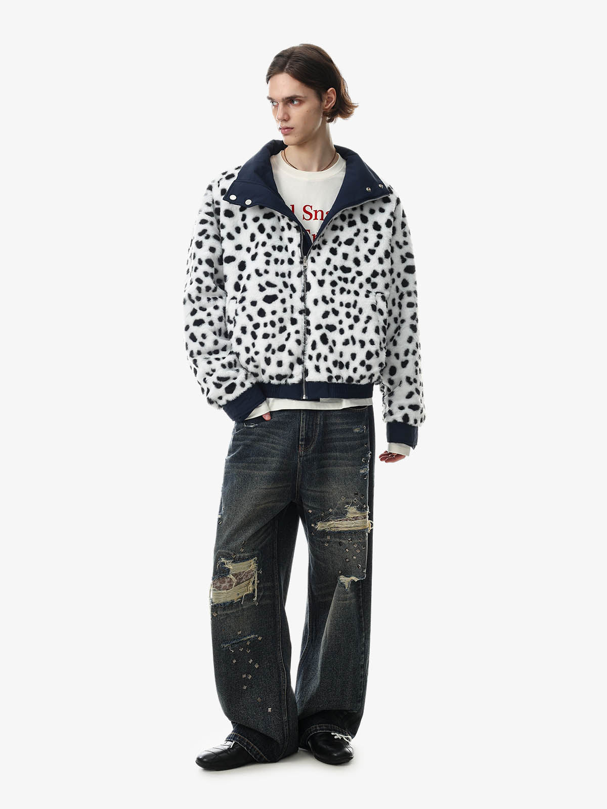 Reversible Spotted Leopard Stand-Collar Fleece Coat