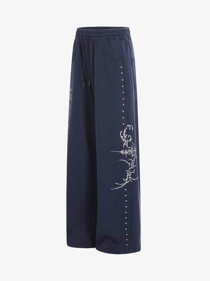 Floral Line Art Studded Wide Leg Drawstring Sweatpants