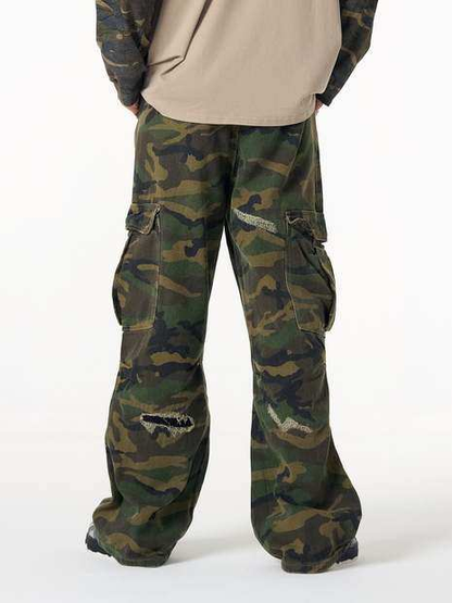 Ripped Camouflage Flared Cargo Pants - 2410 
