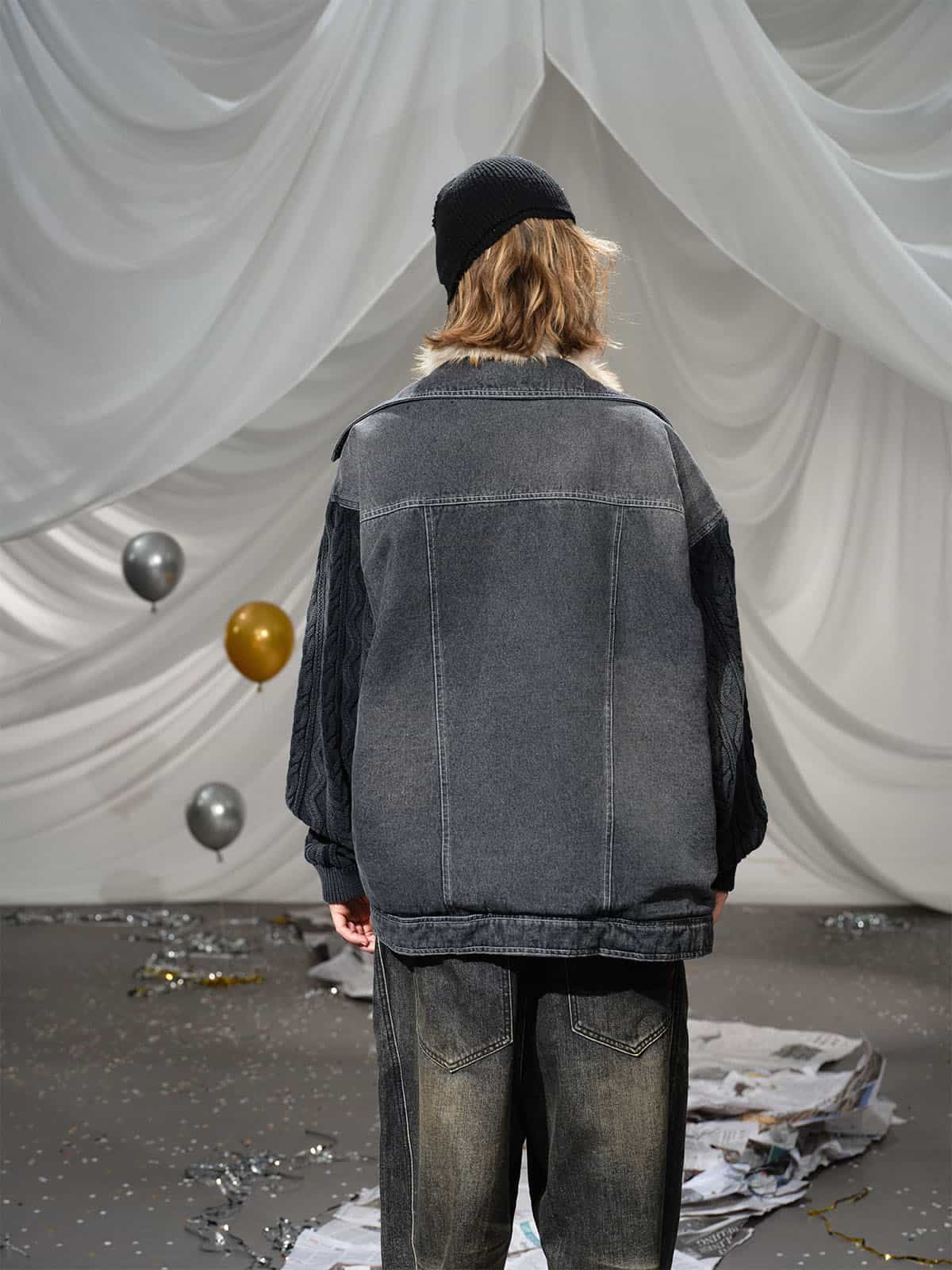 Stylish Denim Jacket with Cable Knit Sleeves and Leather Patches for Men 