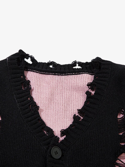 Irregular Neck Hole Hollow Knit Raw Edge Sweater 