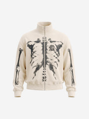 Skull Graphic Waffle Double-Zip Stand-Collar Sweatshirt
