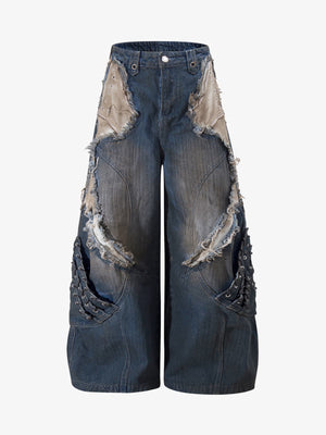 Retro Distressed Studded Heavy-Duty Functional Jeans 