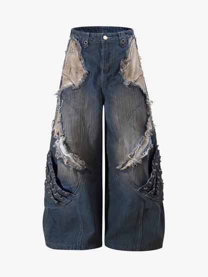 Retro Distressed Studded Heavy-Duty Functional Jeans 