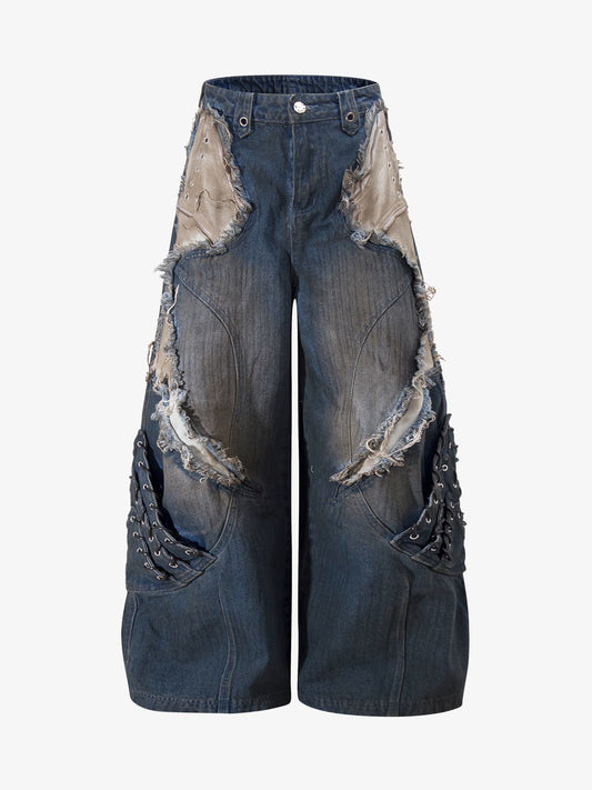 Retro Distressed Studded Heavy-Duty Functional Jeans 