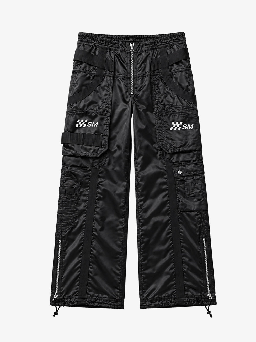 Multi-Pocket Zip Strap Glossy Nylon Moto Pants