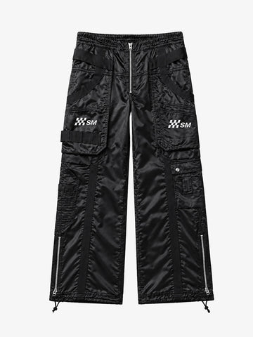 Multi-Pocket Zip Strap Glossy Nylon Moto Pants