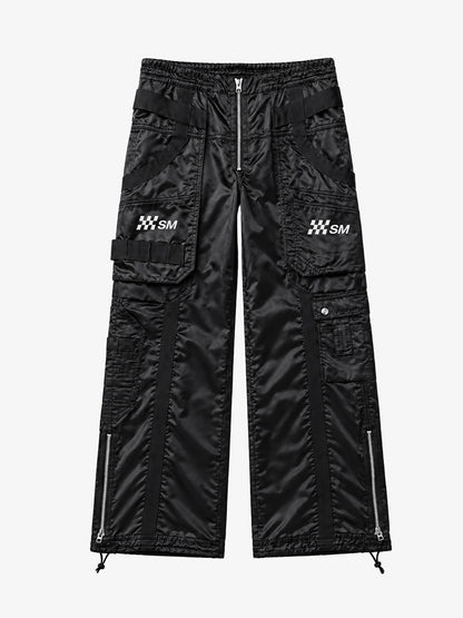 Multi-Pocket Zip Strap Glossy Nylon Moto Pants