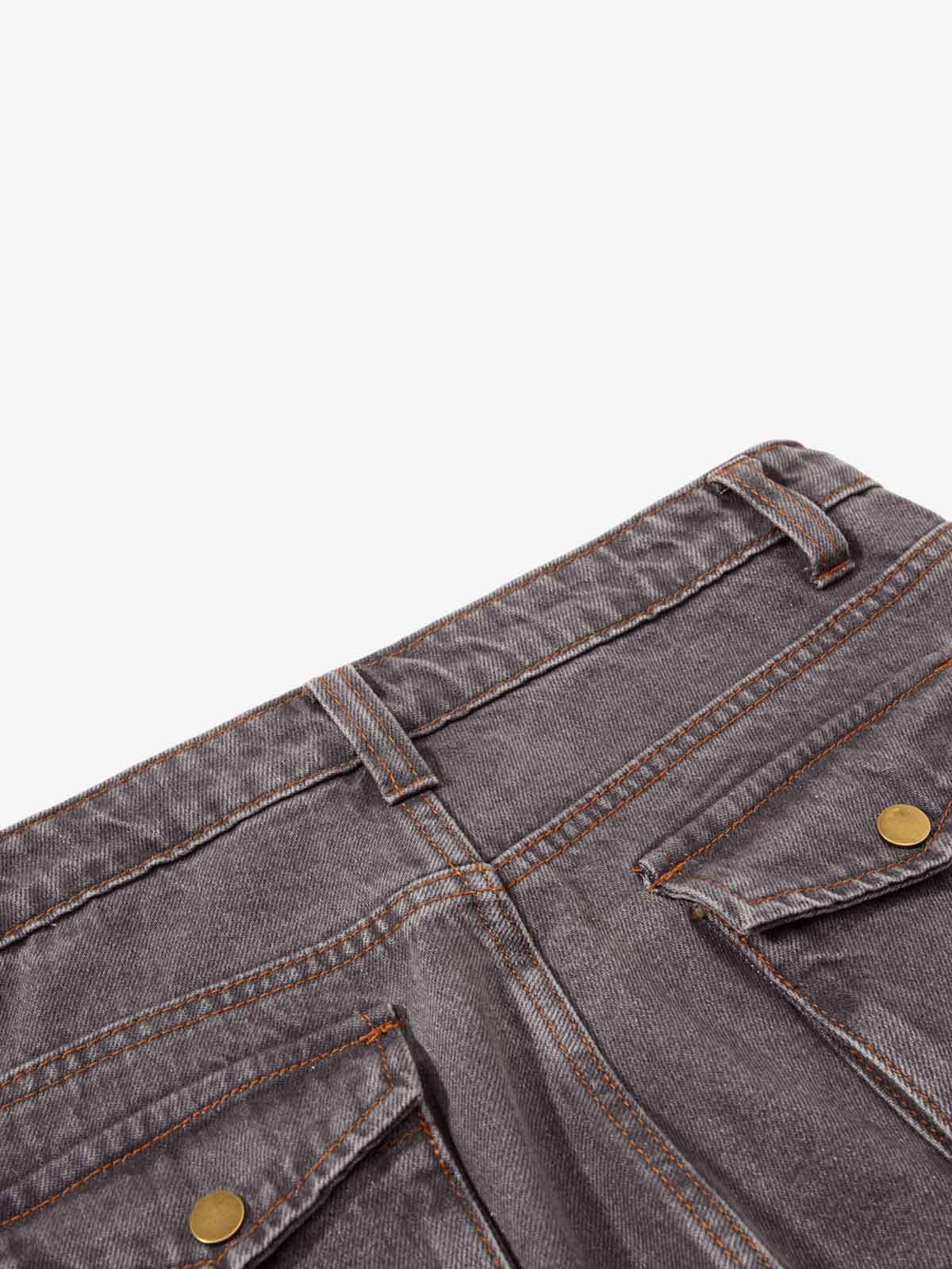 Retro Faded Multi-Pocket Flared Cargo Jeans 