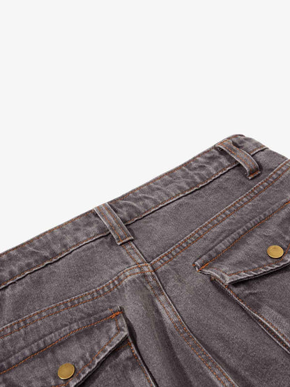 Retro Faded Multi-Pocket Flared Cargo Jeans 