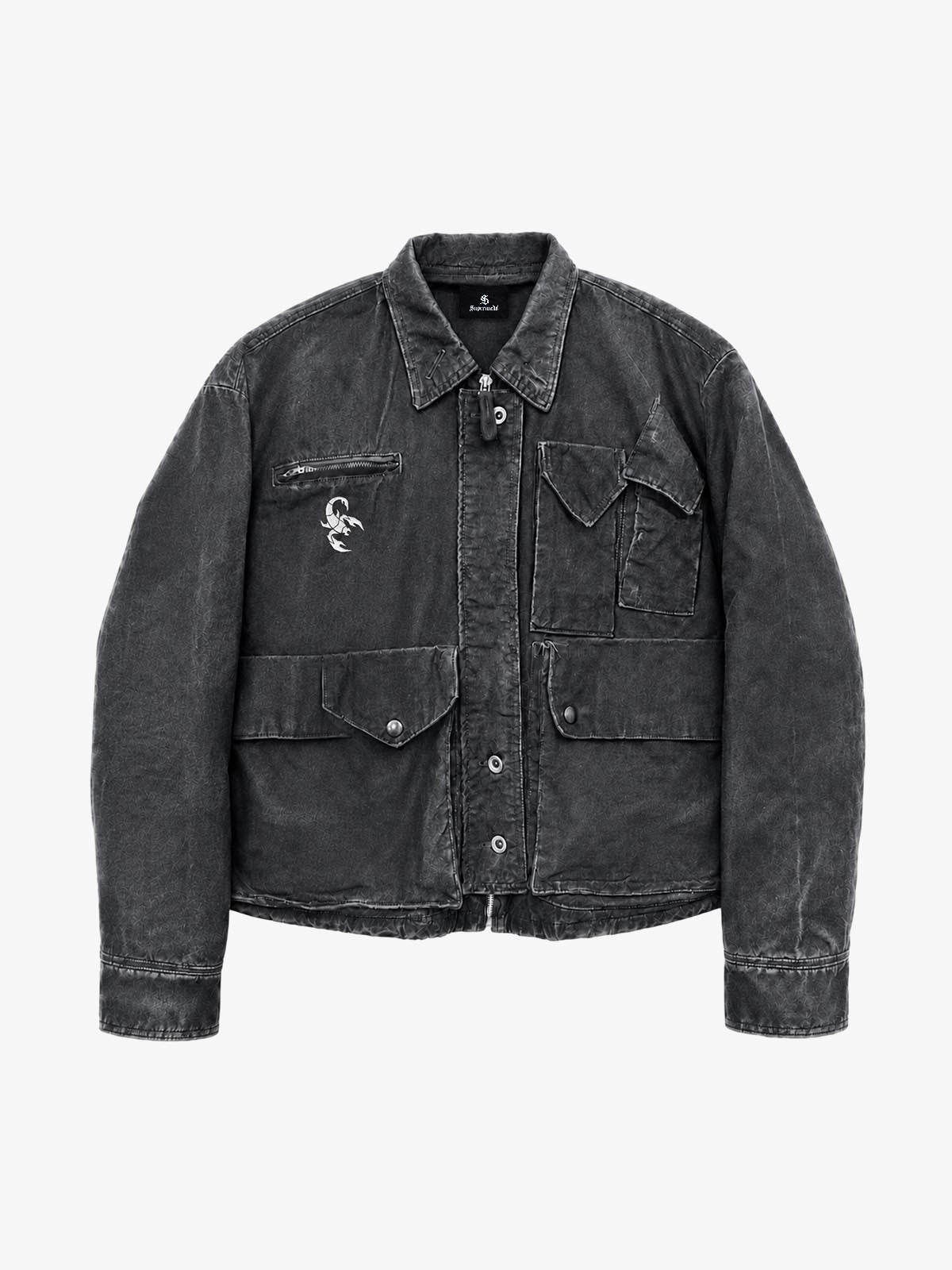 Distressed Washed Twill Multi-Pocket Moto Jacket