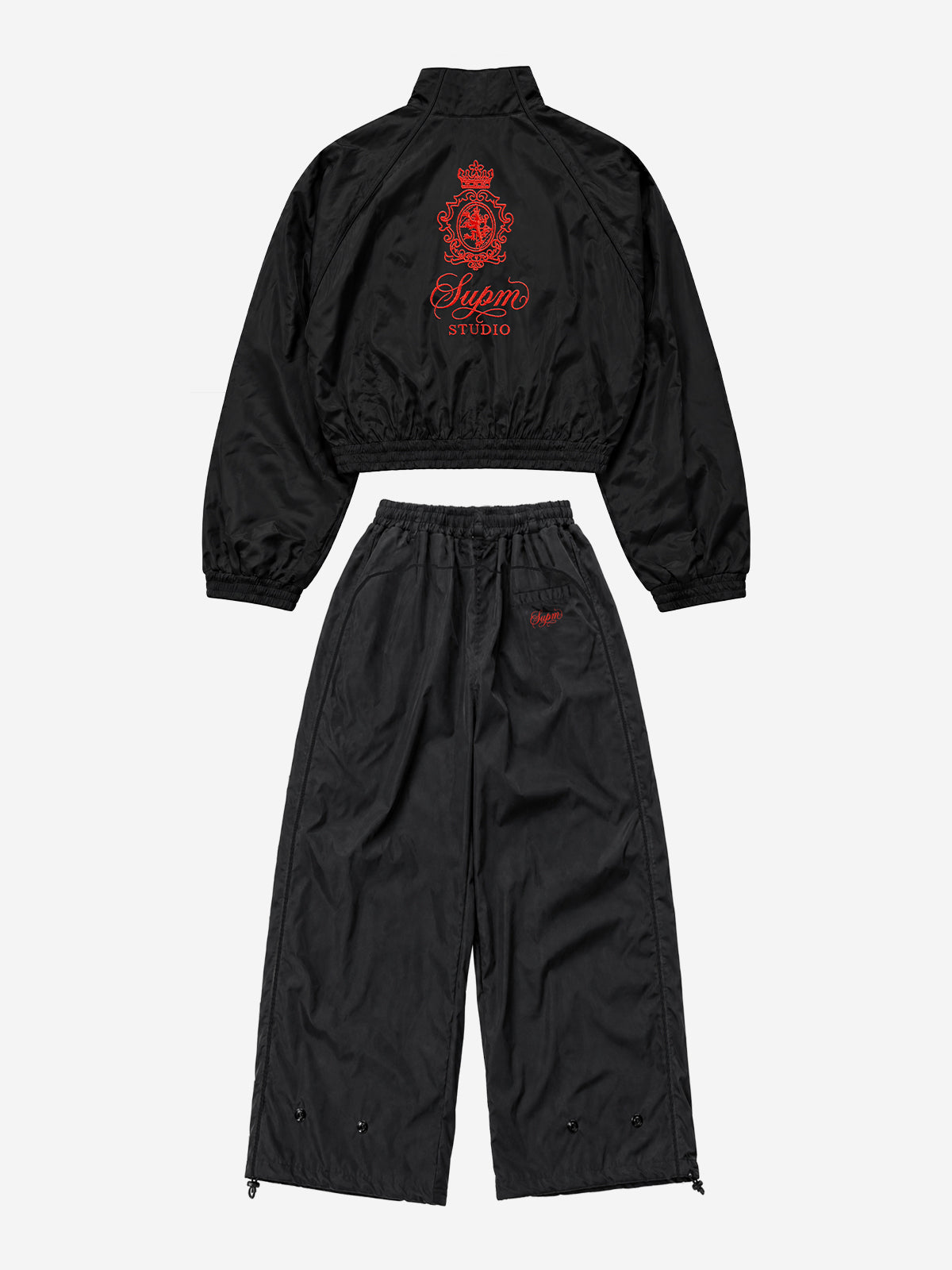 Embroidered Cropped Windbreaker Jacket & Relaxed Pants Set