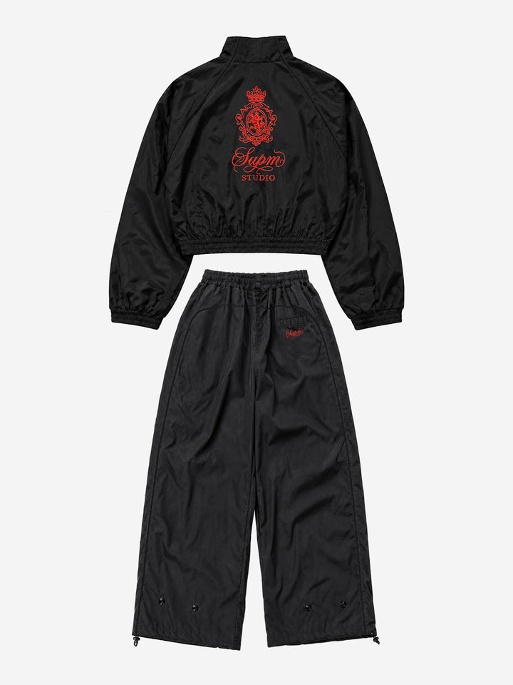 Embroidered Cropped Windbreaker Jacket & Relaxed Pants Set
