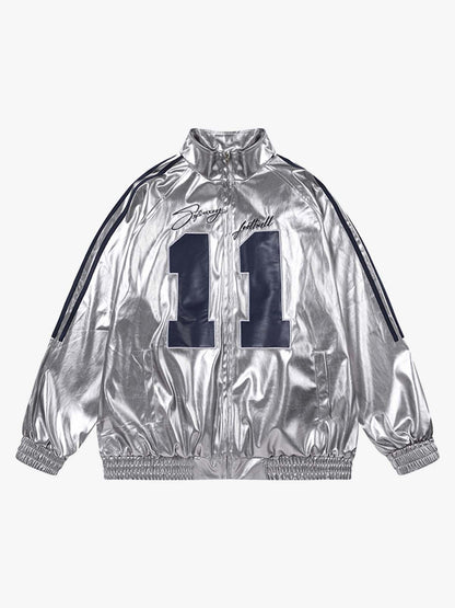 Reflective Metallic Track Jacket with Pink Accents for Sporty Elegance 