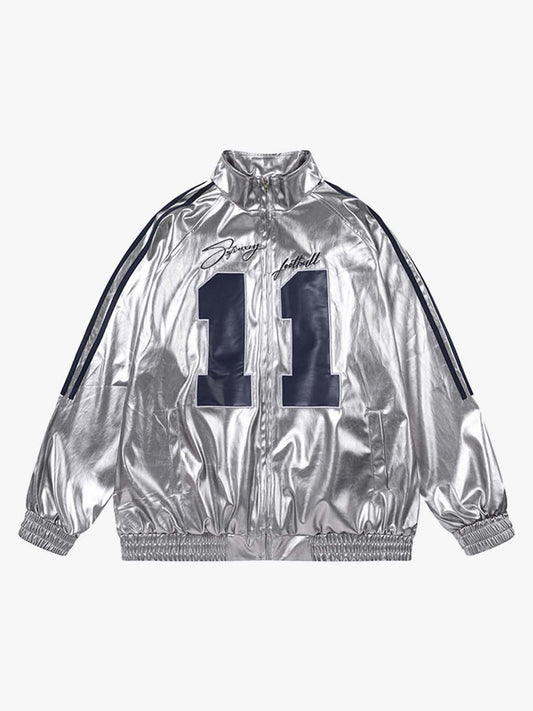 Reflective Metallic Track Jacket with Pink Accents for Sporty Elegance 