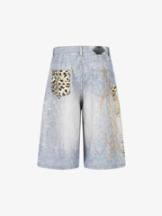 Light Wash Denim Shorts with Floral & Leopard Details
