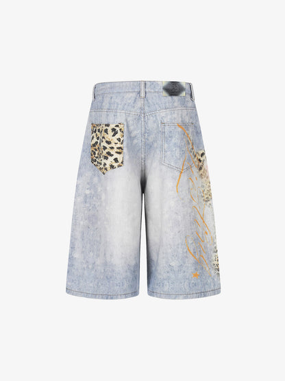 Light Wash Denim Shorts with Floral & Leopard Details