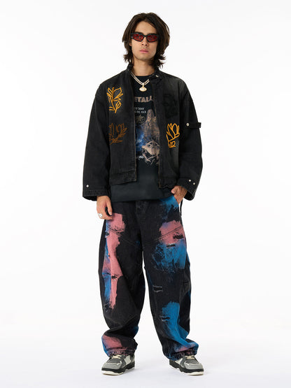 Embroidered Denim Jacket with Trendy Floral Design for Men 